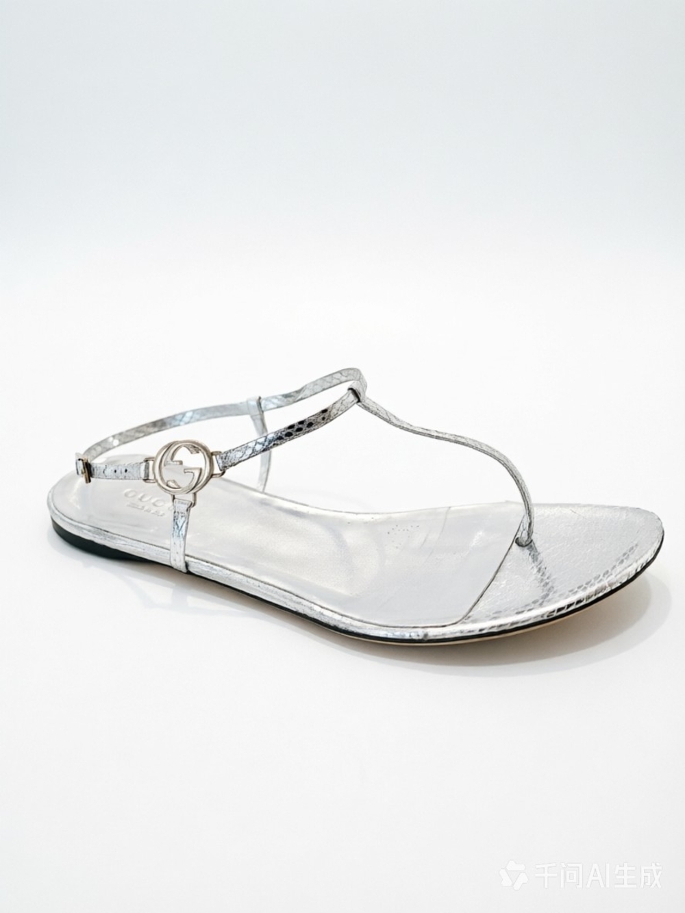 Gucci Silver Metallic T-Strap Women's Sandal